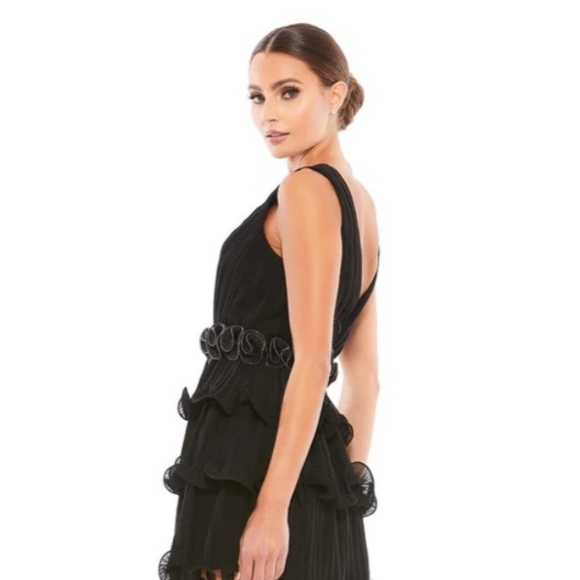 Mac Duggal Pleated Tiered Ruffle chiffon Rosette black Mini Dress size 12 - Picture 5 of 11